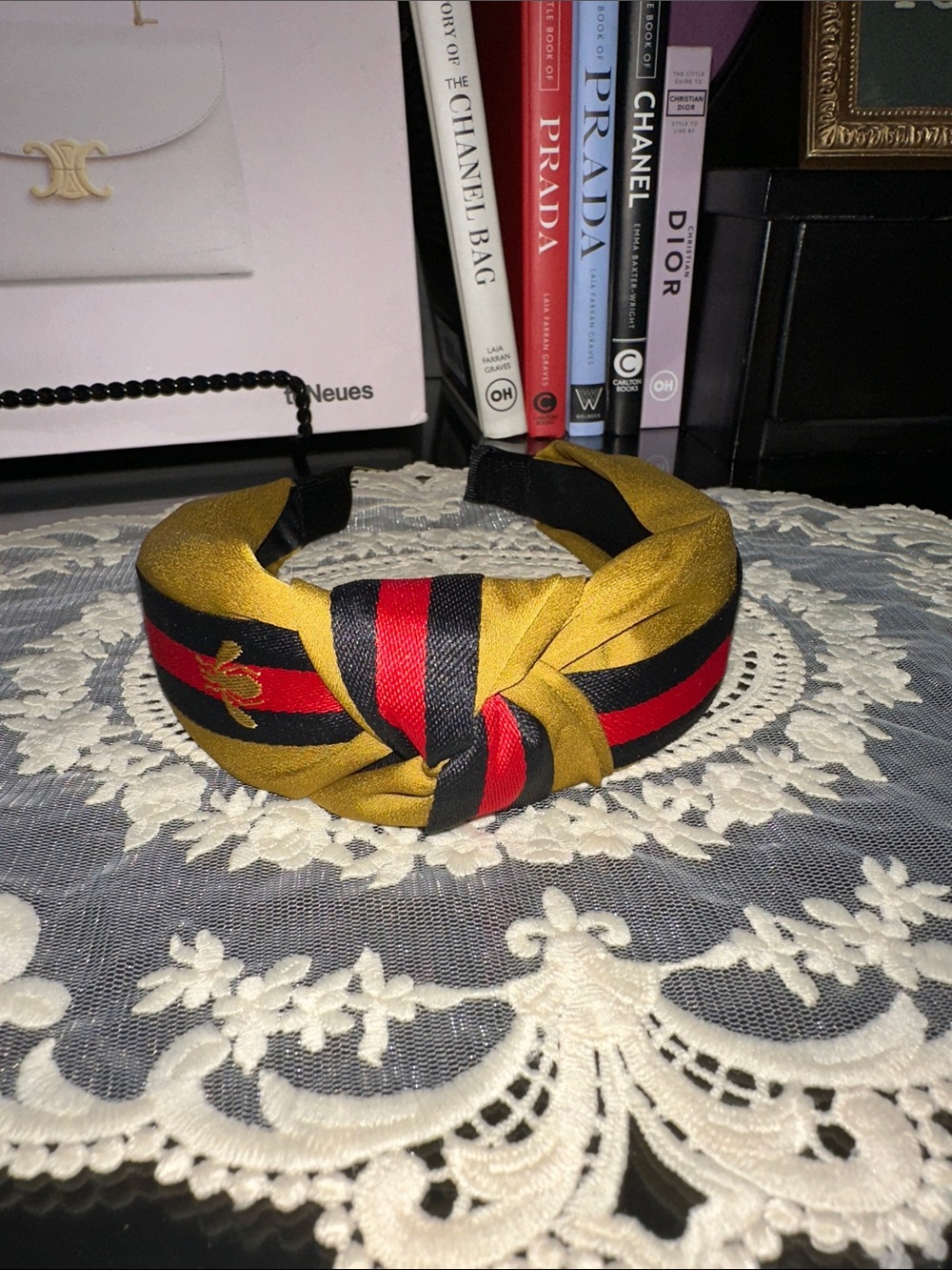Gold Knot Headband with Red & Black Stripes